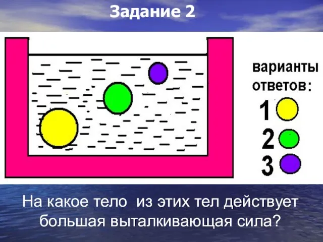 На какое тело из этих тел действует большая выталкивающая сила? Задание 2