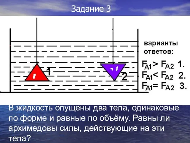 В жидкость опущены два тела, одинаковые по форме и равные по объёму.