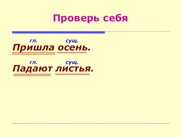 Проверь себя сущ. гл. сущ. гл. Пришла осень. Падают листья.