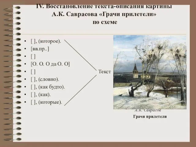 IV. Восстановление текста-описания картины А.К. Саврасова «Грачи прилетели» по схеме [ ],