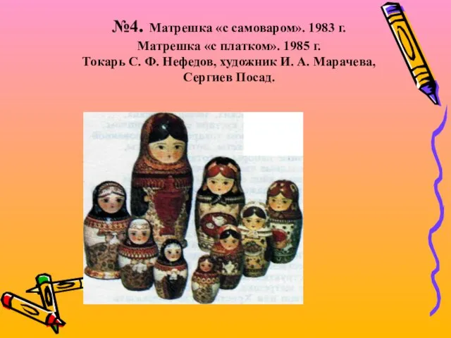 №4. Матрешка «с самоваром». 1983 г. Матрешка «с платком». 1985 г. Токарь