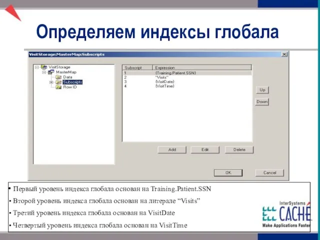 Определяем индексы глобала Первый уровень индекса глобала основан на Training.Patient.SSN Второй уровень