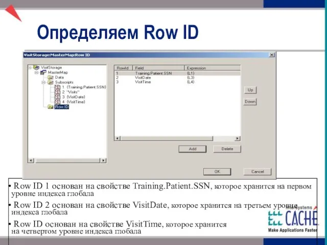 Определяем Row ID Row ID 1 основан на свойстве Training.Patient.SSN, которое хранится