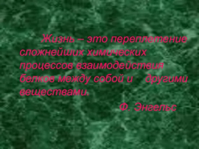 Жизнь – это переплетение сложнейших химических процессов взаимодействия белков между собой и другими веществами. Ф. Энгельс