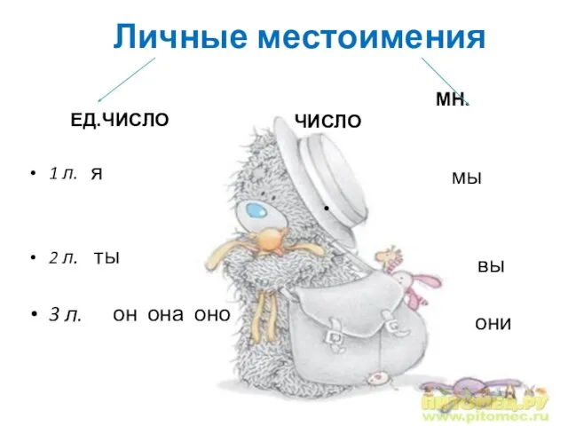 Личные местоимения ЕД.ЧИСЛО 1 л. я 2 л. ты 3 л. он