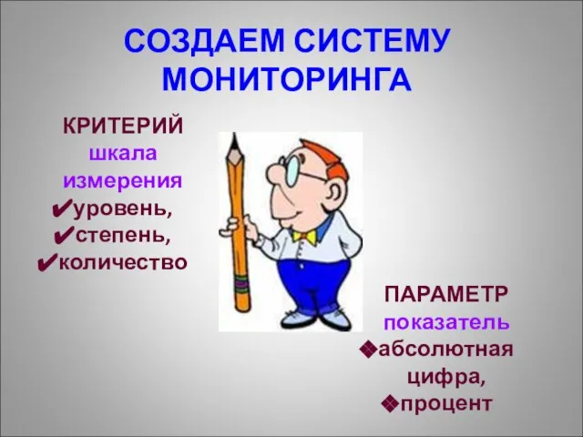 СОЗДАЕМ СИСТЕМУ МОНИТОРИНГА КРИТЕРИЙ шкала измерения уровень, степень, количество ПАРАМЕТР показатель абсолютная цифра, процент