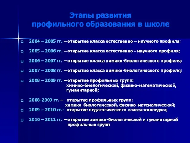 Этапы развития профильного образования в школе 2004 – 2005 гг. – открытие