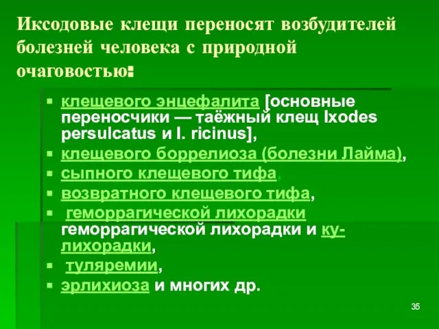 Иксодовые клещи переносят возбудителей болезней человека с природной очаговостью: клещевого энцефалита [основные