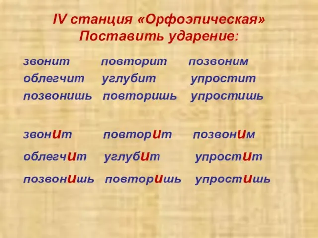 IV станция «Орфоэпическая» Поставить ударение: звонит повторит позвоним облегчит углубит упростит позвонишь