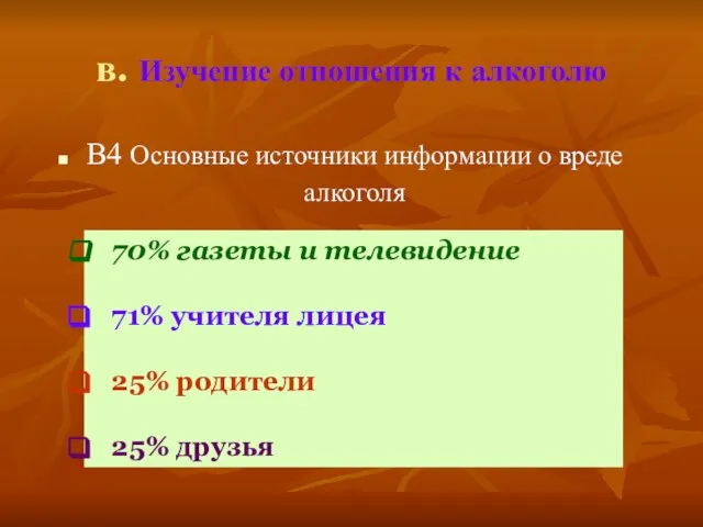 в. Изучение отношения к алкоголю В4 Основные источники информации о вреде алкоголя