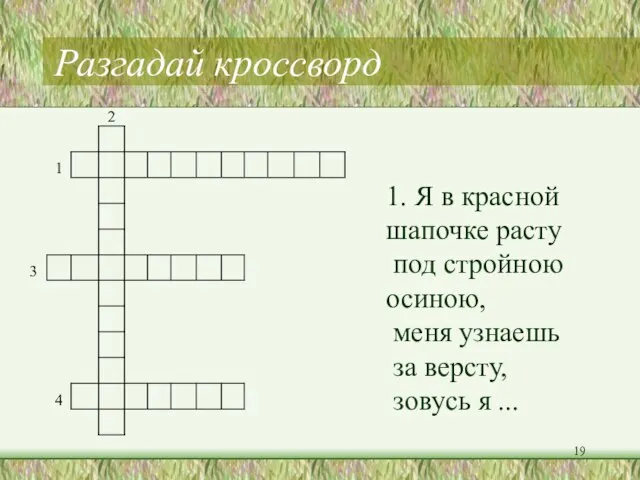 Разгадай кроссворд 1. Я в красной шапочке расту под стройною осиною, меня