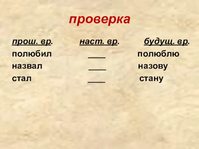 проверка прош. вр. наст. вр. будущ. вр. полюбил ____ полюблю назвал ____ назову стал ____ стану