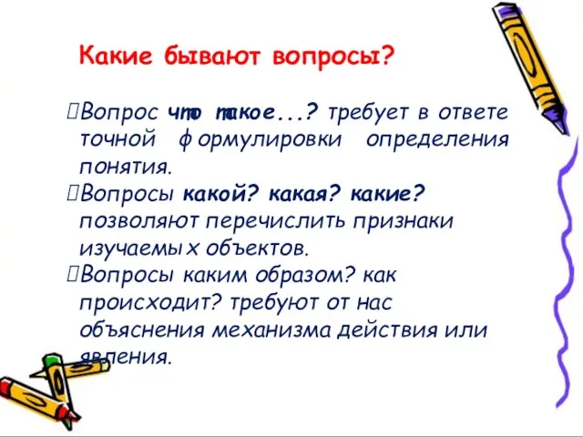 Какие бывают вопросы? Вопрос что такое...? требует в ответе точной формулировки определения