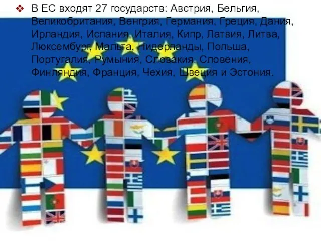 В ЕС входят 27 государств: Австрия, Бельгия, Великобритания, Венгрия, Германия, Греция, Дания,