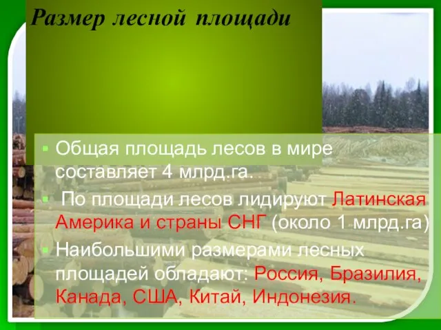 Размер лесной площади Общая площадь лесов в мире составляет 4 млрд.га. По