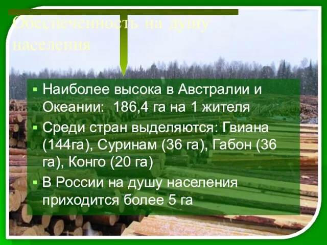 Обеспеченность на душу населения Наиболее высока в Австралии и Океании: 186,4 га