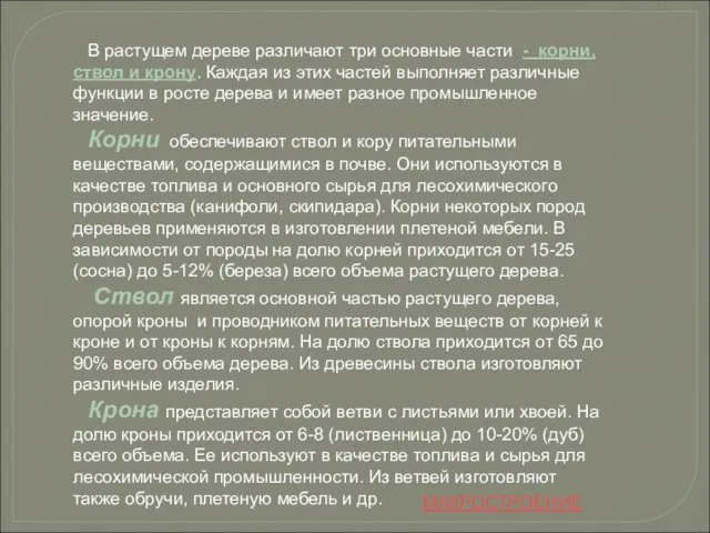 В растущем дереве различают три основные части - корни, ствол и крону.