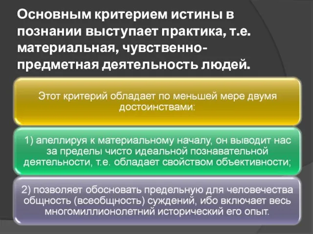 Основным критерием истины в познании выступает практика, т.е. материальная, чувственно-предметная деятельность людей.