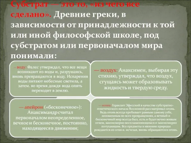 Субстрат — это то, «из чего все сделано». Древние греки, в зависимости