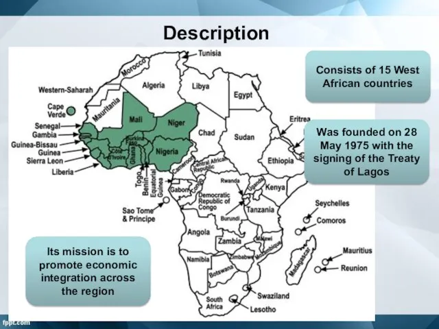 Description Consists of 15 West African countries Was founded on 28 May
