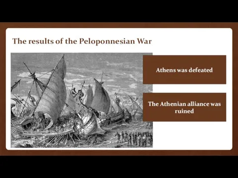 The results of the Peloponnesian War Athens was defeated The Athenian alliance was ruined