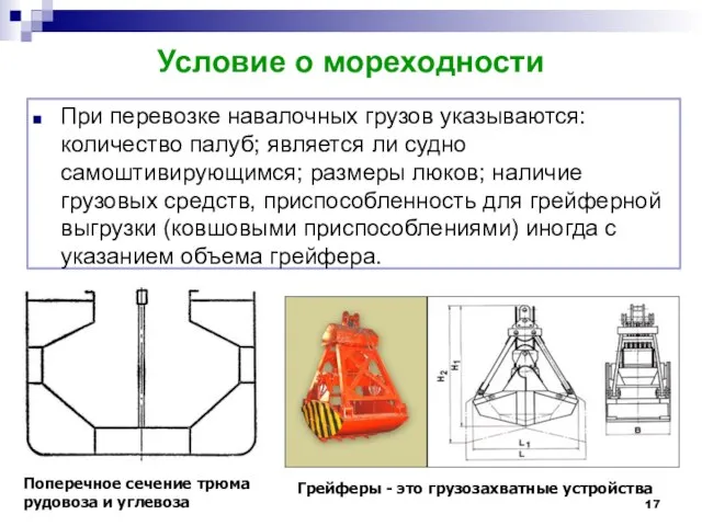 Условие о мореходности При перевозке навалочных грузов указываются: количество палуб; является ли