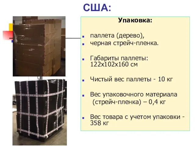 Упаковка: паллета (дерево), черная стрейч-пленка. Габариты паллеты: 122х102х160 см Чистый вес паллеты