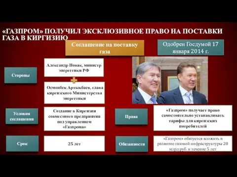 «Газпром» получил эксклюзивное право на поставки газа в Киргизию Соглашение на поставку