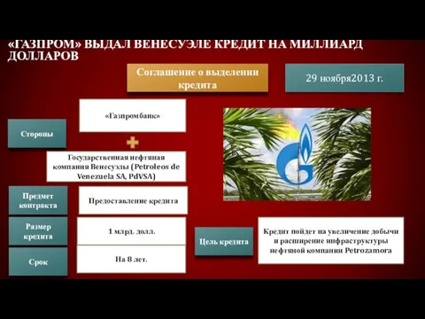 «Газпром» выдал Венесуэле кредит на миллиард долларов Соглашение о выделении кредита Стороны