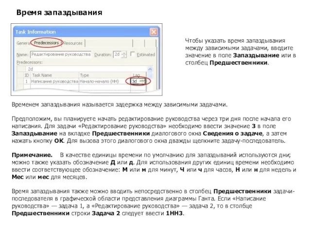 Временем запаздывания называется задержка между зависимыми задачами. Предположим, вы планируете начать редактирование