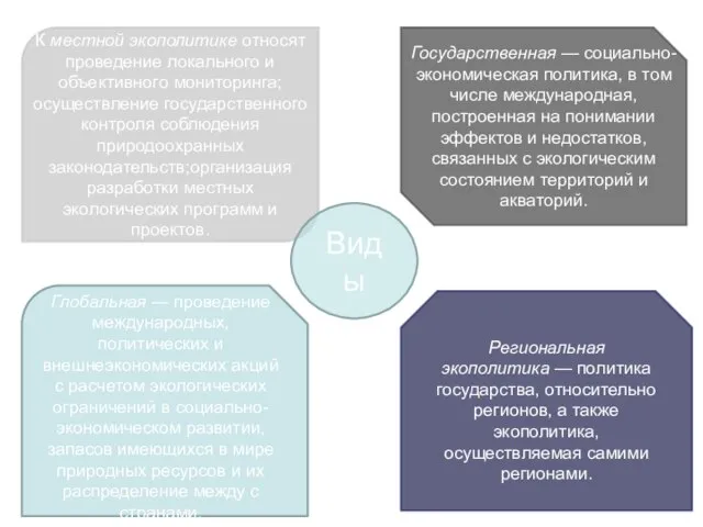 К местной экополитике относят проведение локального и объективного мониторинга;осуществление государственного контроля соблюдения