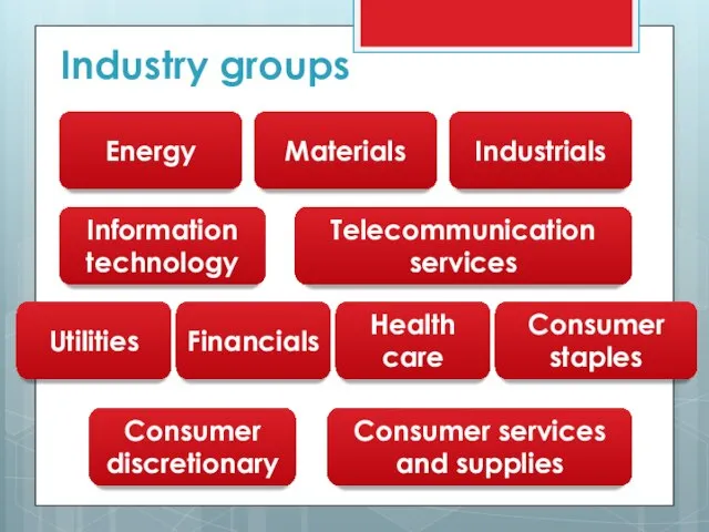 Industry groups Energy Materials Industrials Information technology Telecommunication services Utilities Financials Health