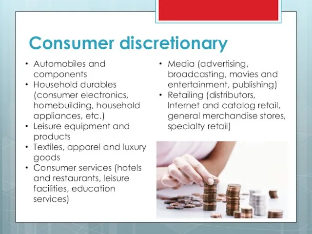 Consumer discretionary Automobiles and components Household durables (consumer electronics, homebuilding, household appliances,