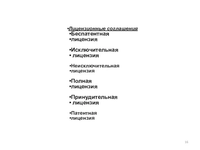 Лицензионные соглашения Беспатентная лицензия Исключительная лицензия Неисключительная лицензия Полная лицензия Принудительная лицензия Патентная лицензия