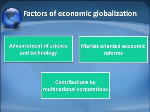 Factors of economic globalization Advancement of science and technology Market oriented economic