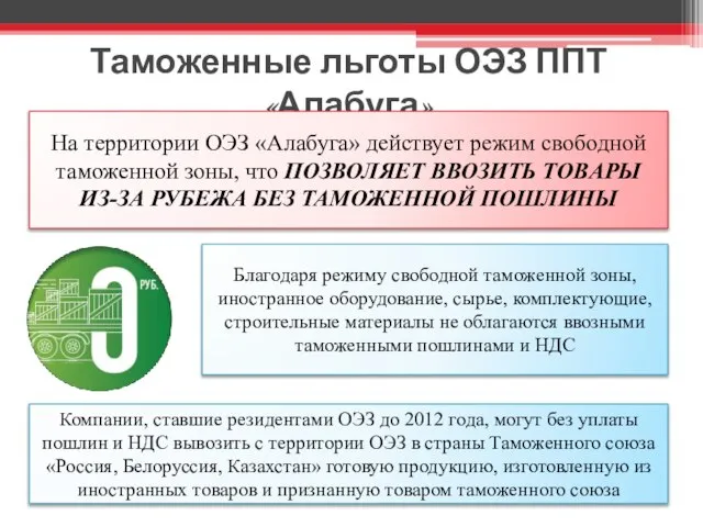 Таможенные льготы ОЭЗ ППТ «Алабуга» На территории ОЭЗ «Алабуга» действует режим свободной