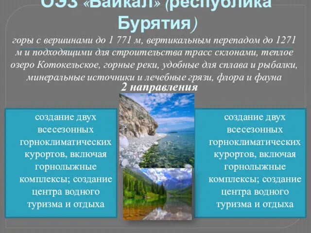 ОЭЗ «Байкал» (республика Бурятия) горы с вершинами до 1 771 м, вертикальным