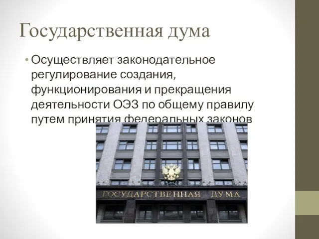 Государственная дума Осуществляет законодательное регулирование создания, функционирования и прекращения деятельности ОЭЗ по