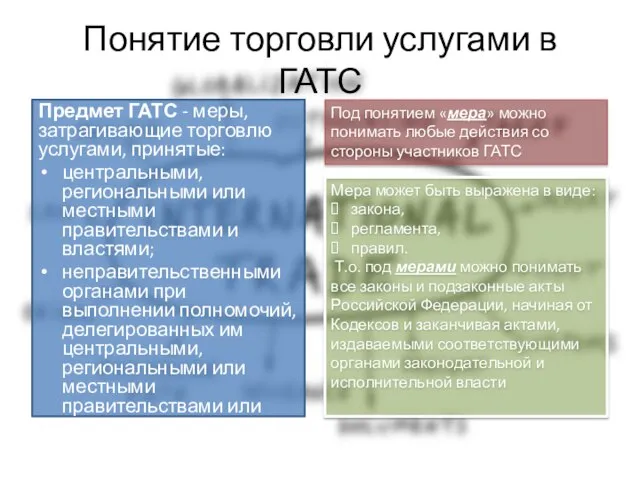 Понятие торговли услугами в ГАТС Предмет ГАТС - меры, затрагивающие торговлю услугами,