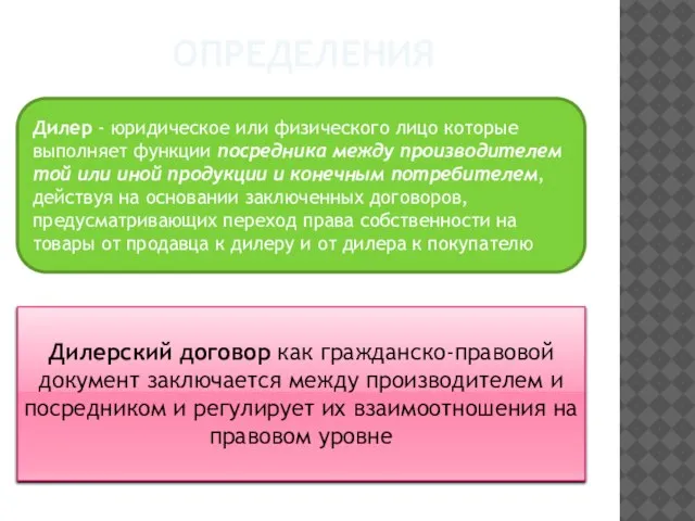 ОПРЕДЕЛЕНИЯ Дилер - юридическое или физического лицо которые выполняет функции посредника между