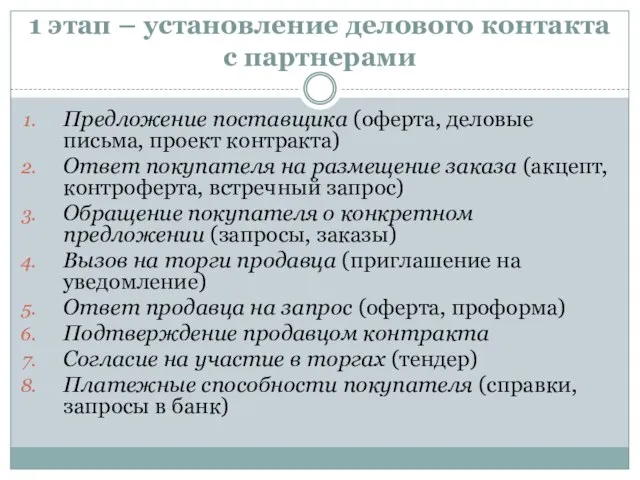 1 этап – установление делового контакта с партнерами Предложение поставщика (оферта, деловые