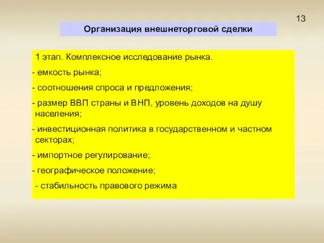 Организация внешнеторговой сделки 1 этап. Комплексное исследование рынка. емкость рынка; соотношения спроса