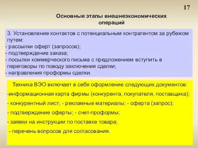 17 Основные этапы внешнеэкономических операций 3. Установление контактов с потенциальным контрагентом за