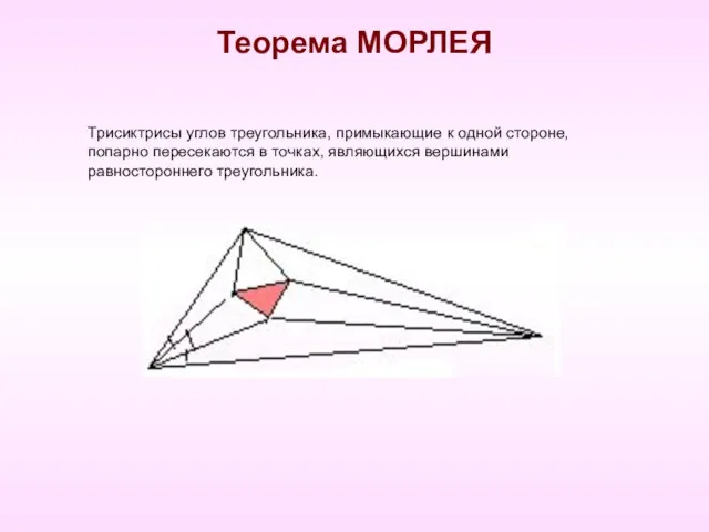 Теорема МОРЛЕЯ Трисиктрисы углов треугольника, примыкающие к одной стороне, попарно пересекаются в