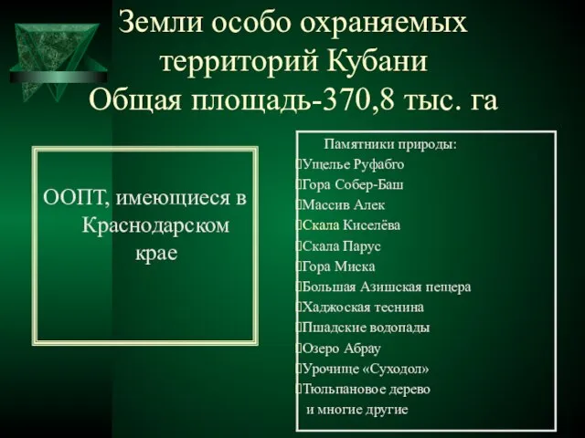 Земли особо охраняемых территорий Кубани Общая площадь-370,8 тыс. га ООПТ, имеющиеся в Краснодарском крае