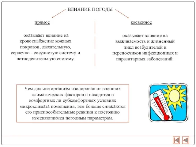 ВЛИЯНИЕ ПОГОДЫ прямое косвенное оказывает влияние на кровоснабжение кожных покровов, дыхательную, сердечно