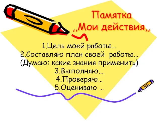 Памятка ,,Мои действия,, 1.Цель моей работы… 2.Составляю план своей работы… (Думаю: какие