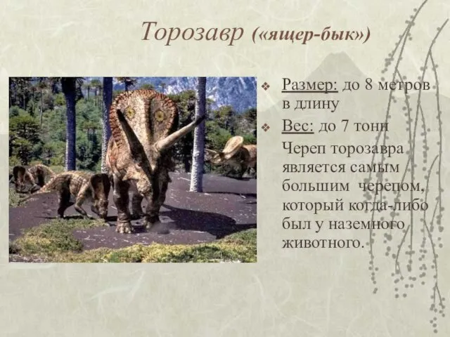 Торозавр («ящер-бык») Размер: до 8 метров в длину Вес: до 7 тонн