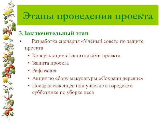 Этапы проведения проекта 3.Заключительный этап Разработка сценария «Учёный совет» по защите проекта