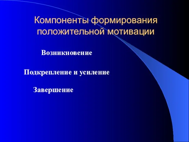 Компоненты формирования положительной мотивации Подкрепление и усиление Завершение Возникновение